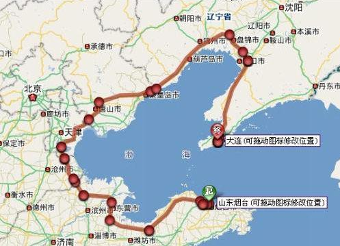 煙臺-大連陸路示意圖。